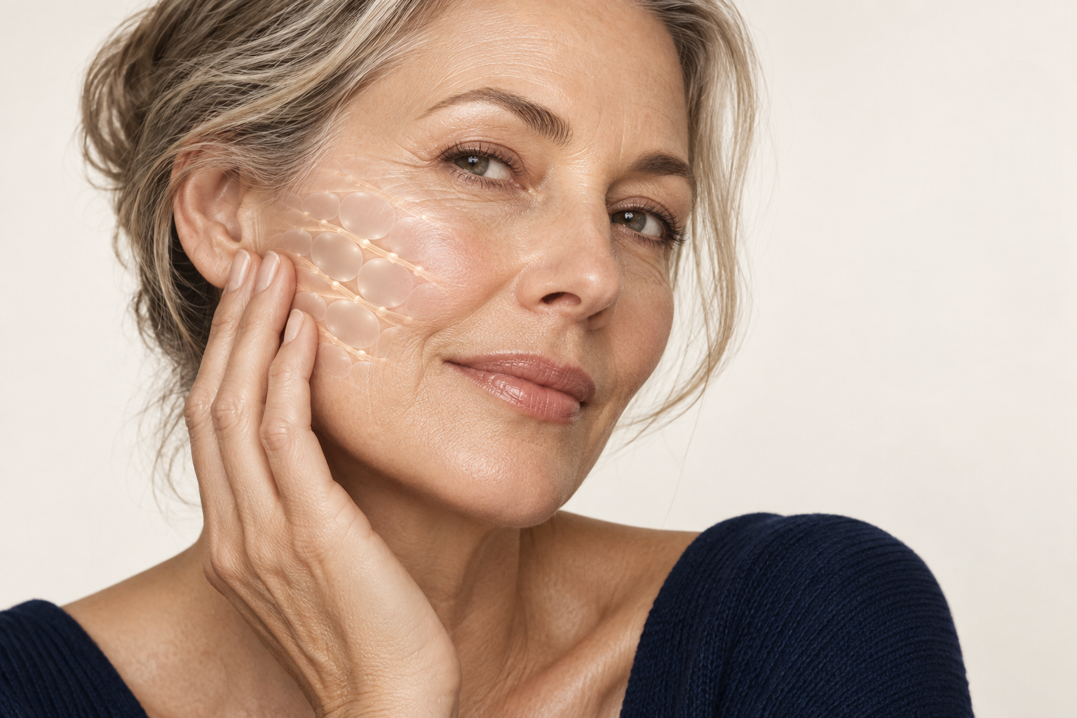 Mature woman touching luminous skin with a visual representation of the ceramide-supported moisture barrier.